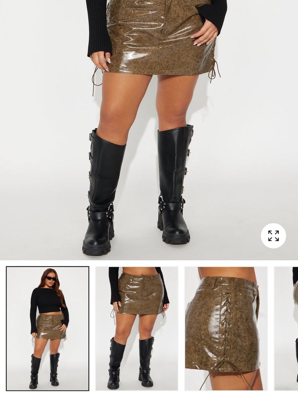 Fashion Nova Olive Brown Glossy Coated Mini Skirt